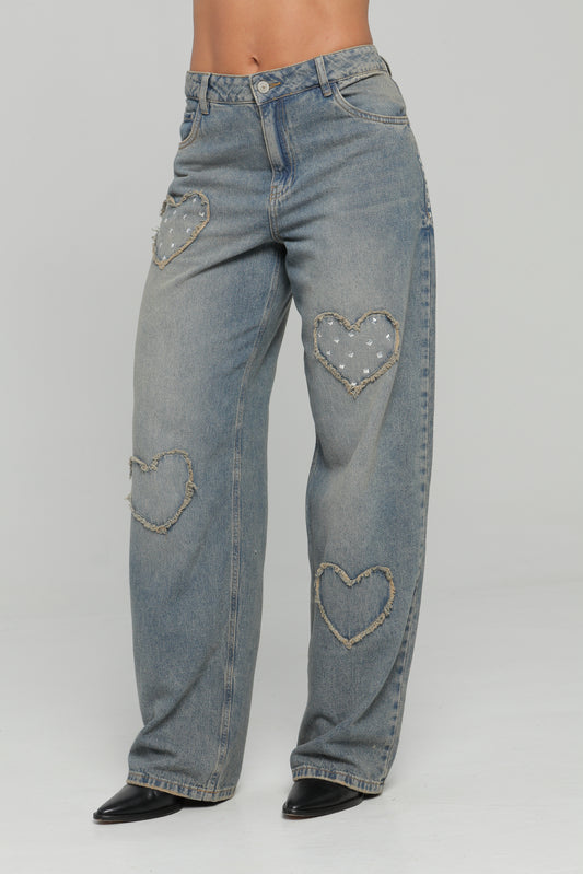 Jean Baggy Corazones Tiro Medio