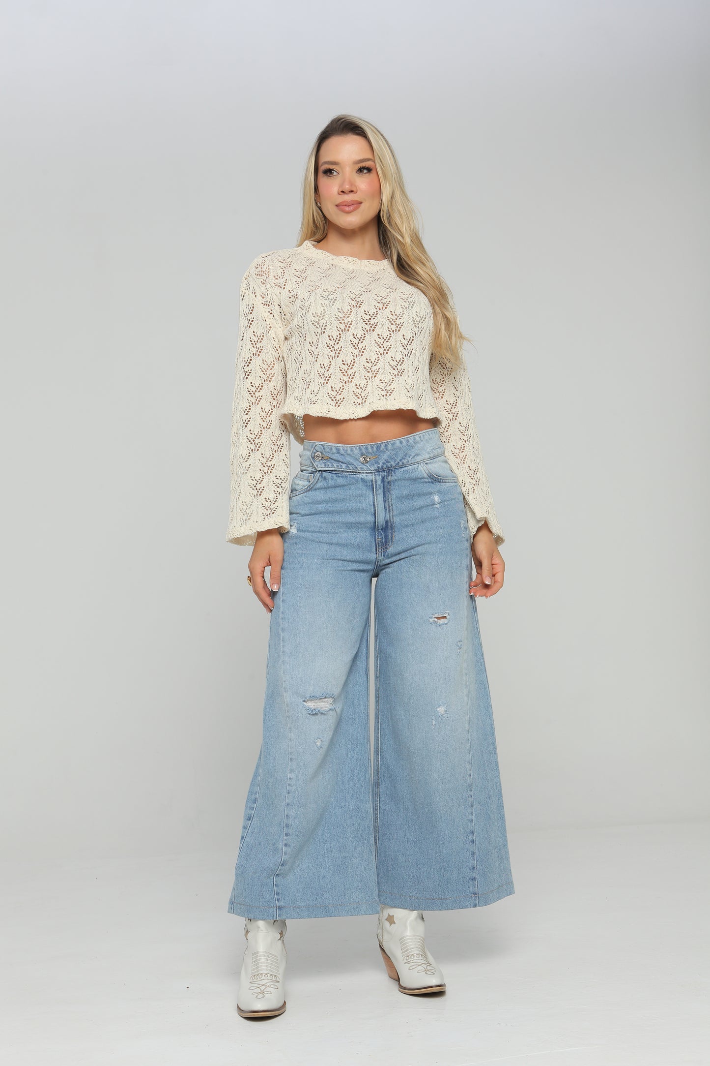 Jean Culotte Tiro Alto Pretina Cruzada Con Aplique Flor