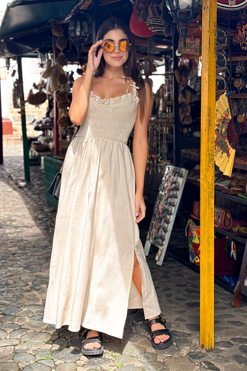 VESTIDO LARGO TIRAS LINO