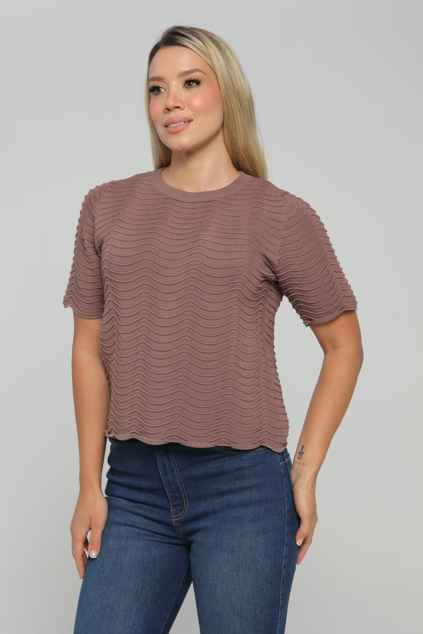 Blusa Manga Corta Con Grabado Beige, Cafe Skala