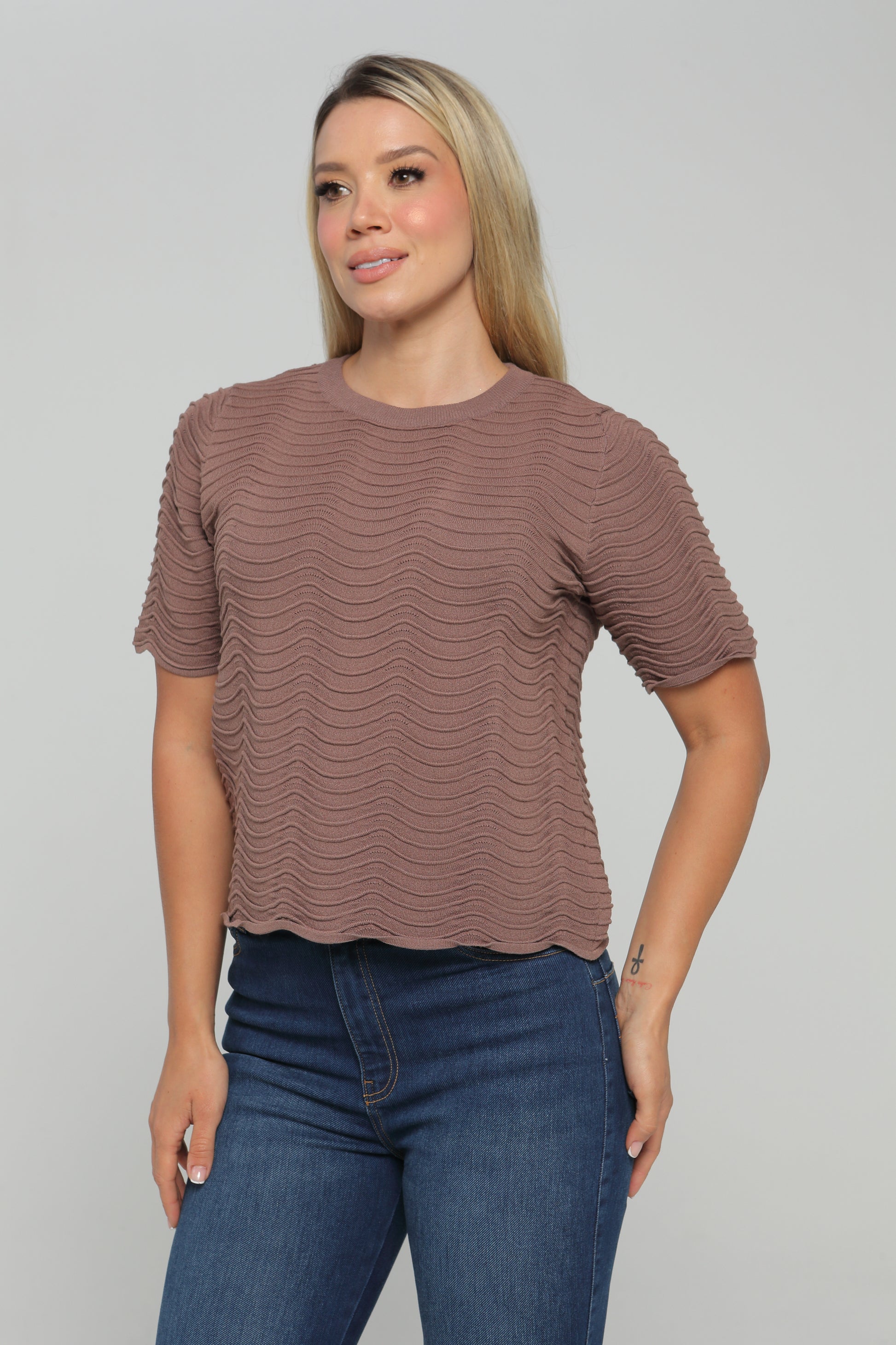 Blusa Manga Corta Con Grabado Beige, Cafe Skala