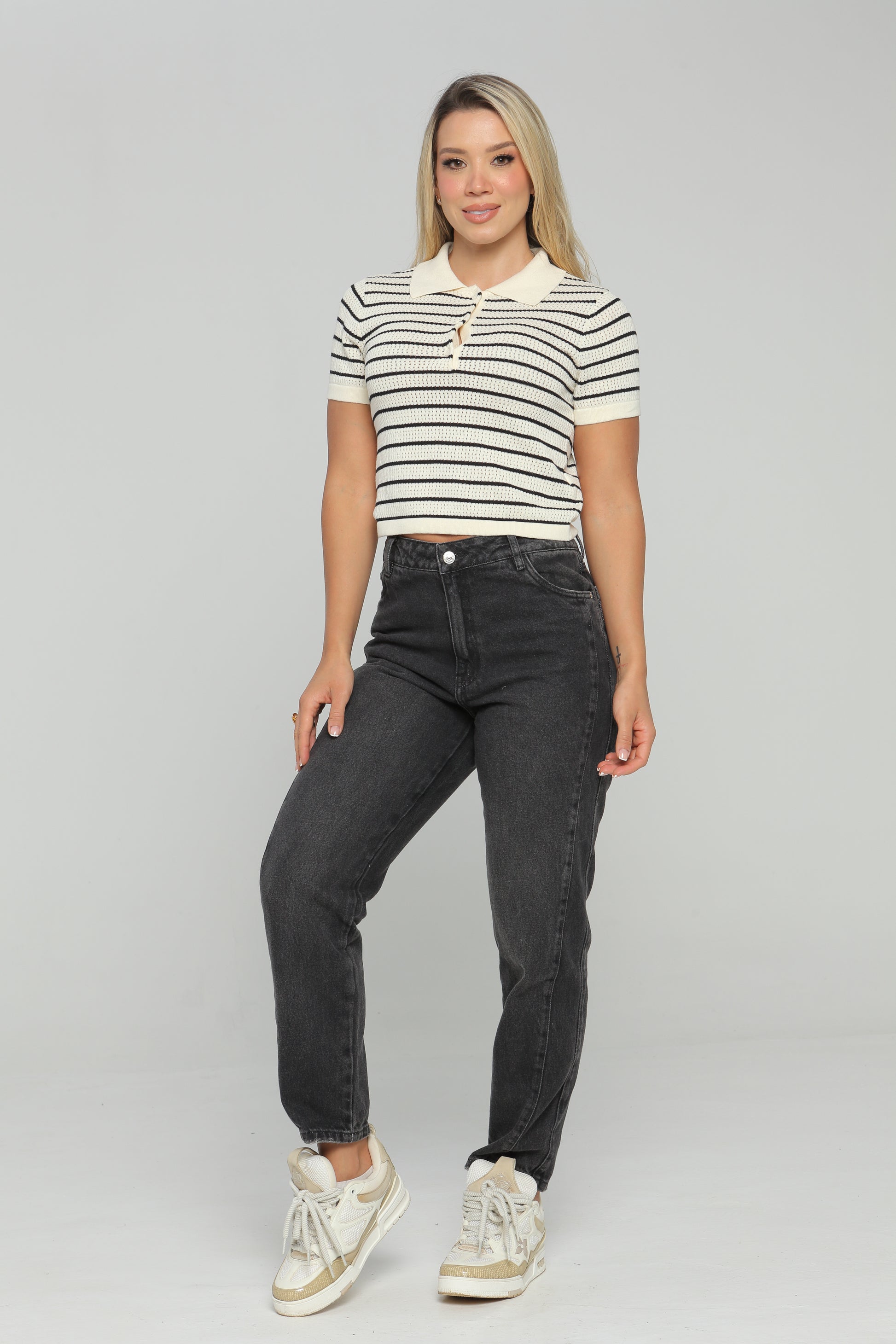 Blusa Manga Corta De Rayas Blanco/Rayas Negro  y Crema/Rayas Negro Skala