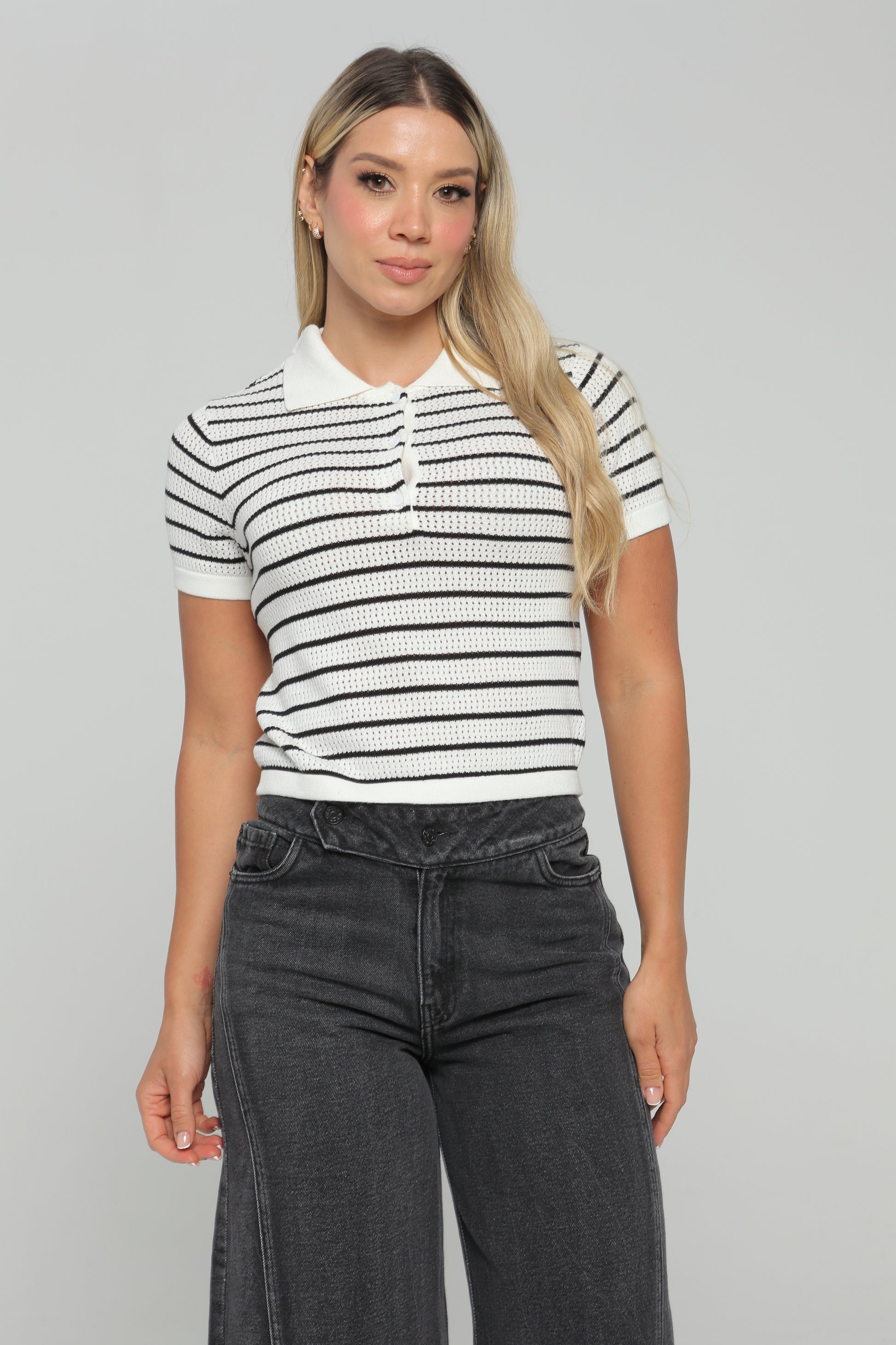 Blusa Manga Corta De Rayas Blanco/Rayas Negro  y Crema/Rayas Negro Skala