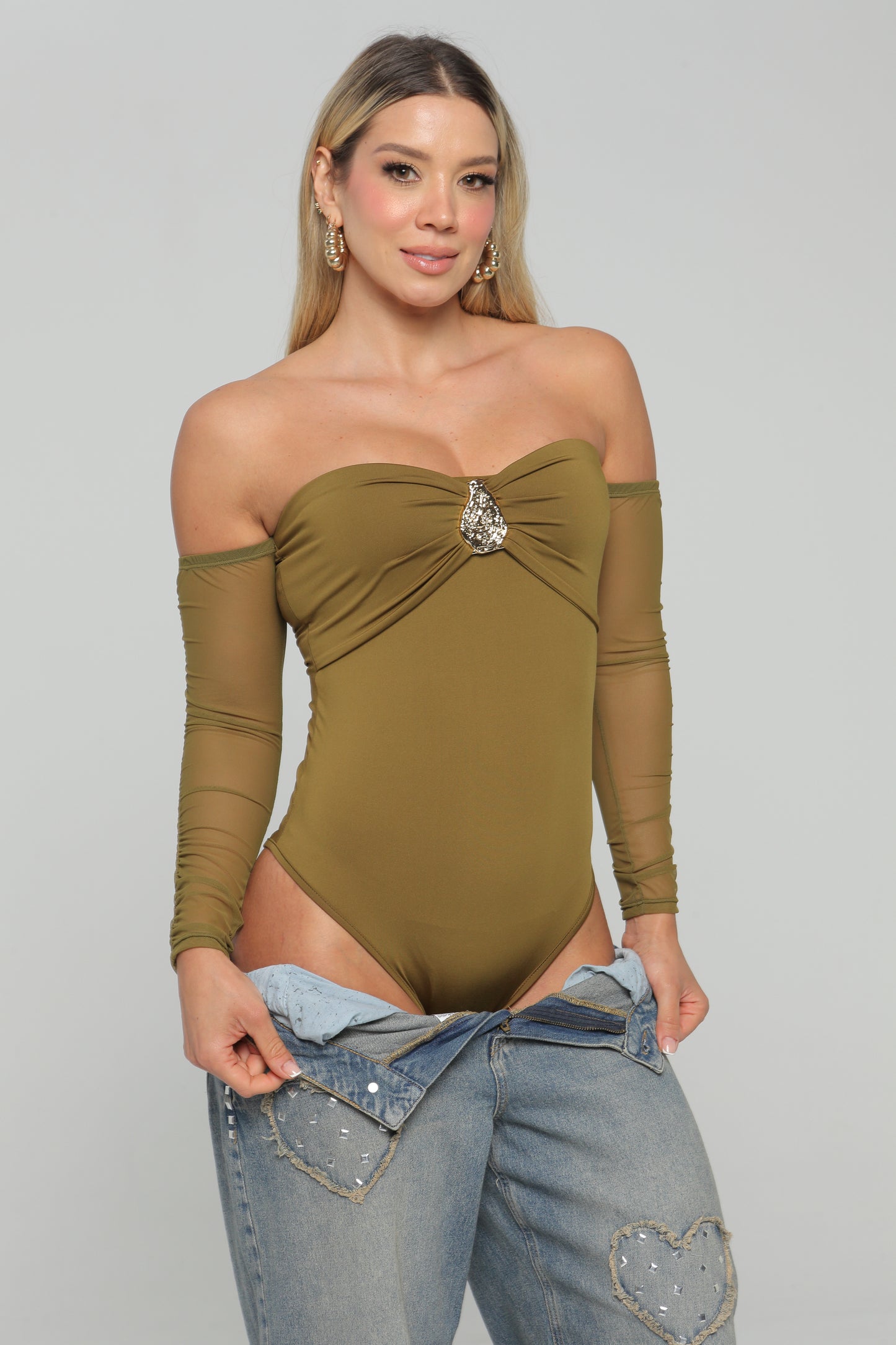 Body Strapless Con Mangas Y Hebilla Cafe, Verde Militar, Negro Skala