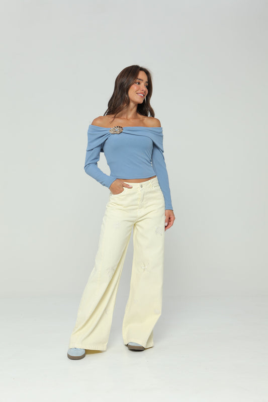 Pantalón palazzo con bordado en delantero